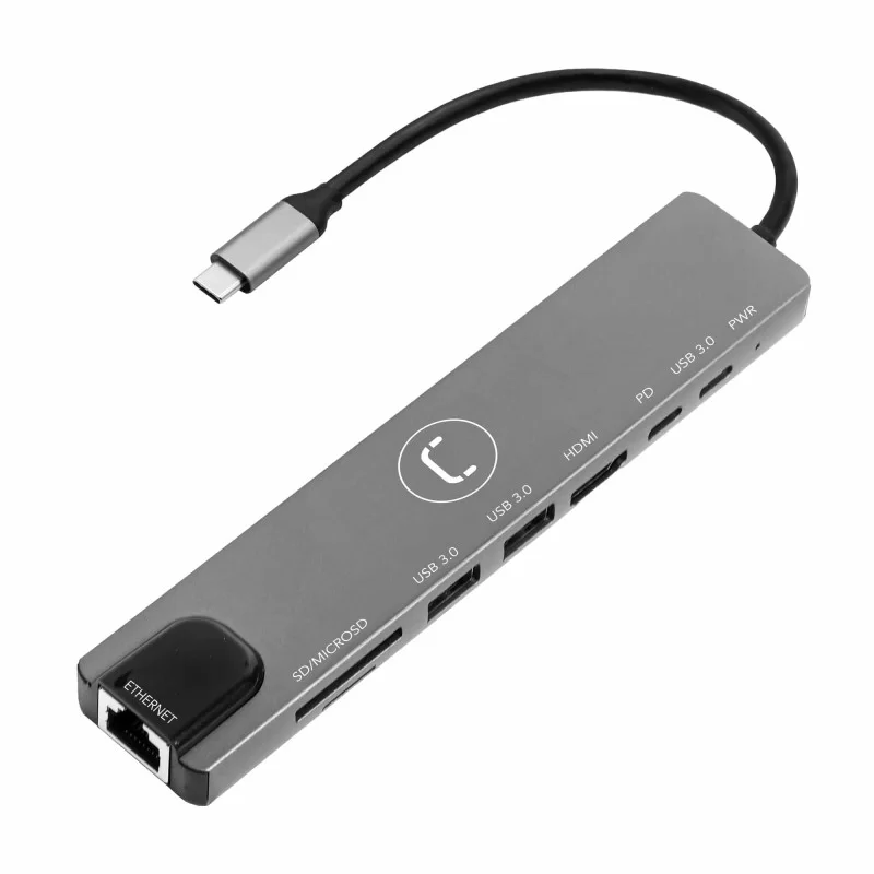 ADAPTADOR HUB UNNO USB-C A 2xUSB-A - 1xUSB-C - HDMI - SD-MICRO-SD - PD - RJ45